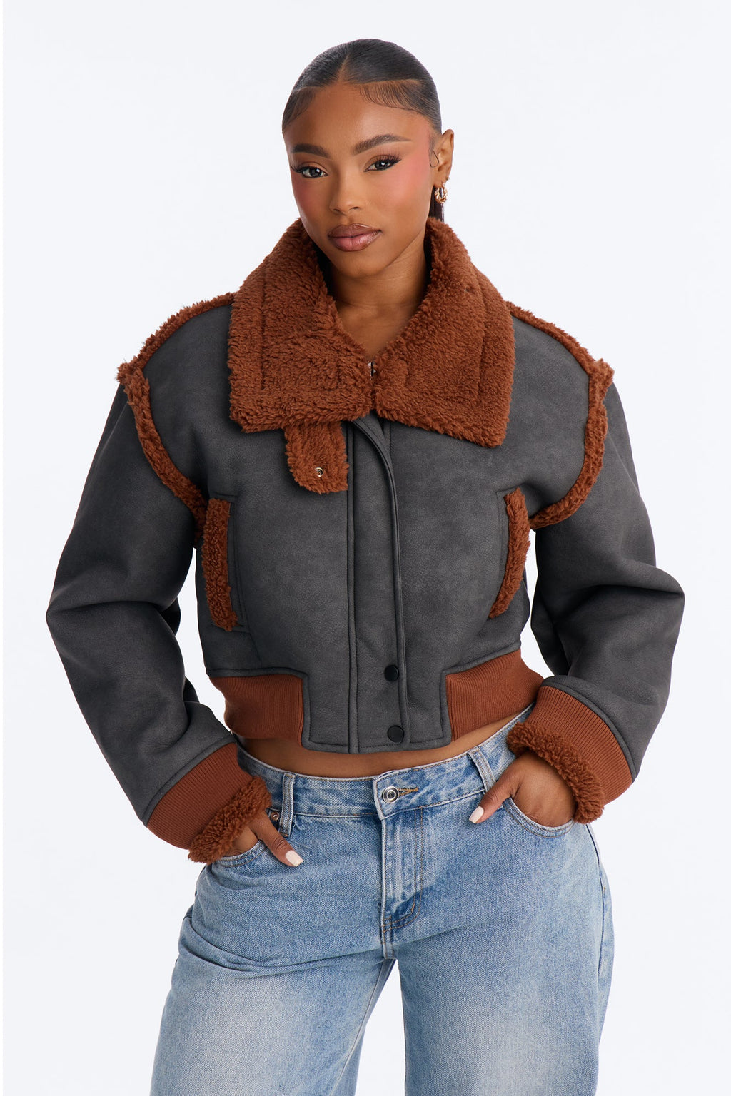 Aria Faux Leather Shearling Jacket - Black/Brown