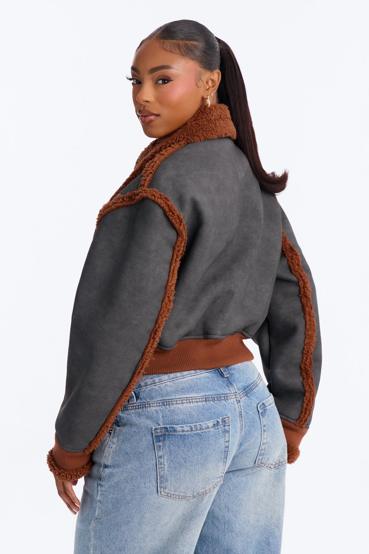 Aria Faux Leather Shearling Jacket - Black/Brown