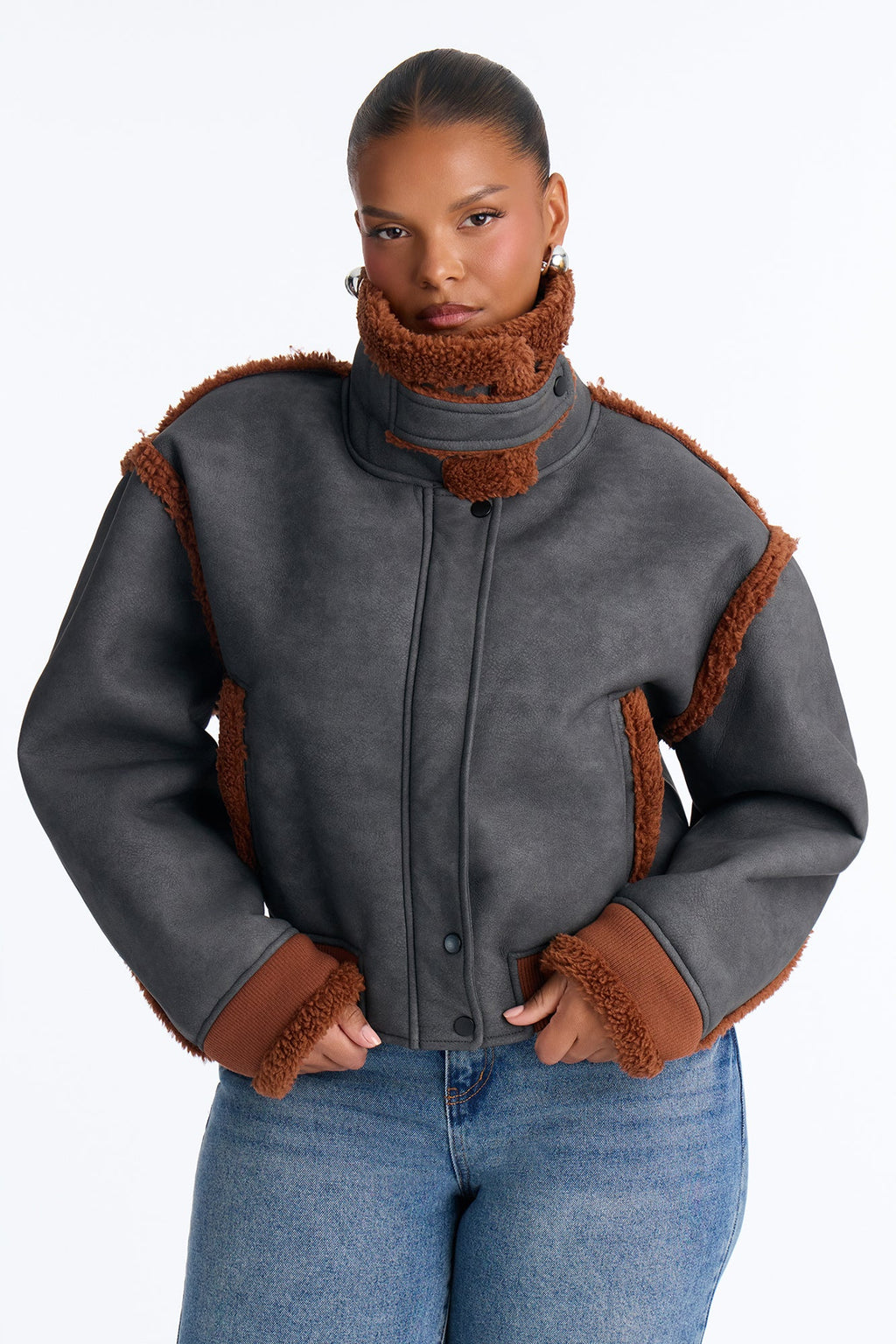 Aria Faux Leather Shearling Jacket - Black/Brown