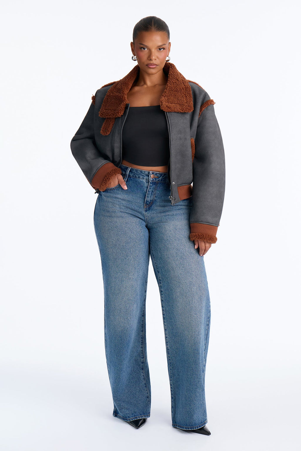 Aria Faux Leather Shearling Jacket - Black/Brown