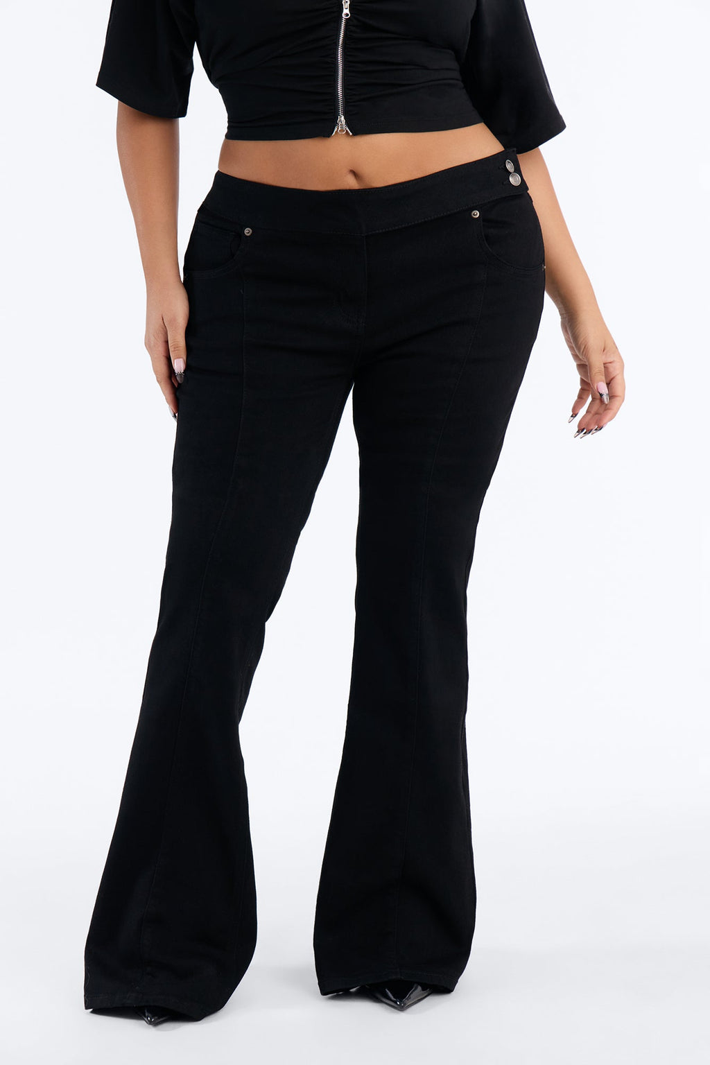 Nights To Remember Low Rise Pintuck High Stretch Flare Jeans - Black
