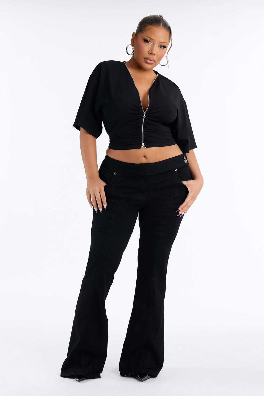 Nights To Remember Low Rise Pintuck High Stretch Flare Jeans - Black