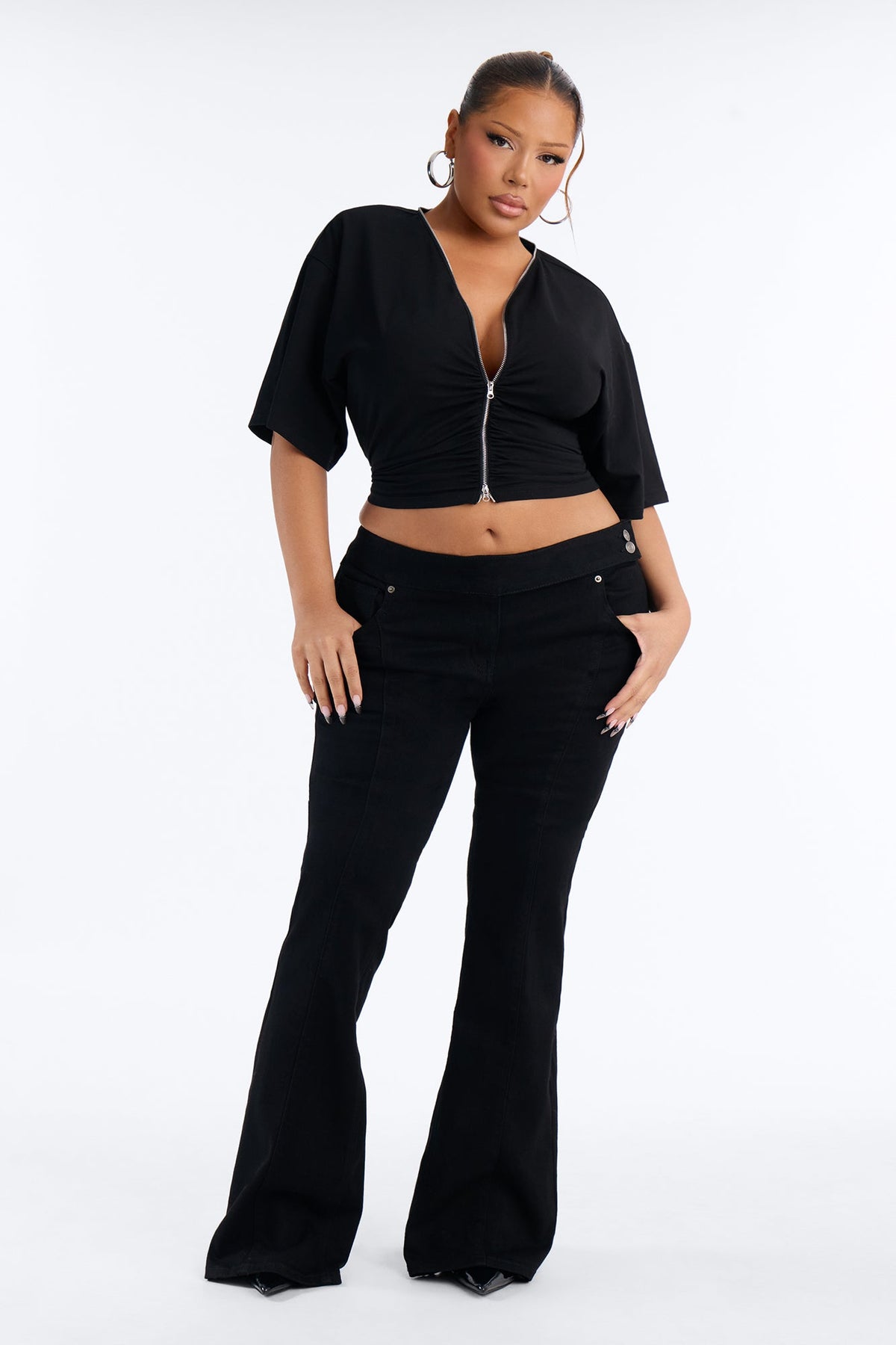 Nights To Remember Low Rise Pintuck High Stretch Flare Jeans - Black