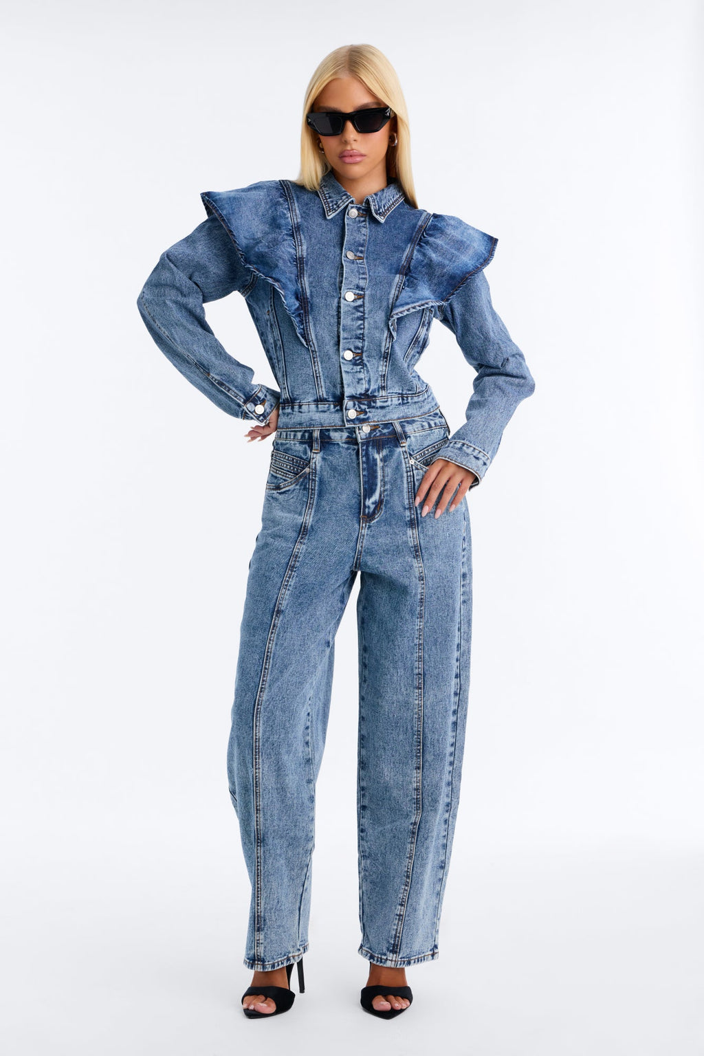 Amandine Ruffle Denim Jacket - Dark Wash