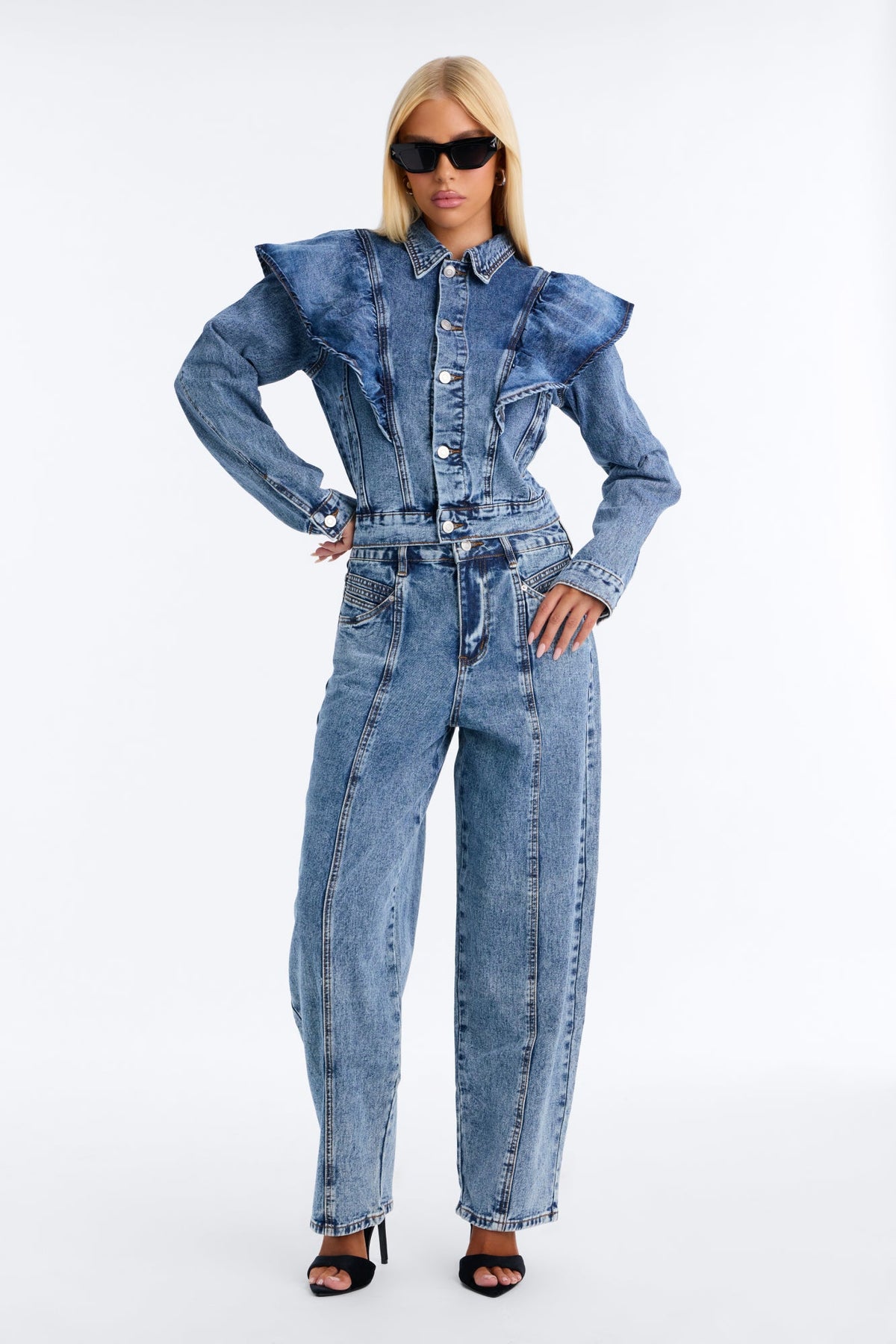 Amandine Ruffle Denim Jacket - Dark Wash