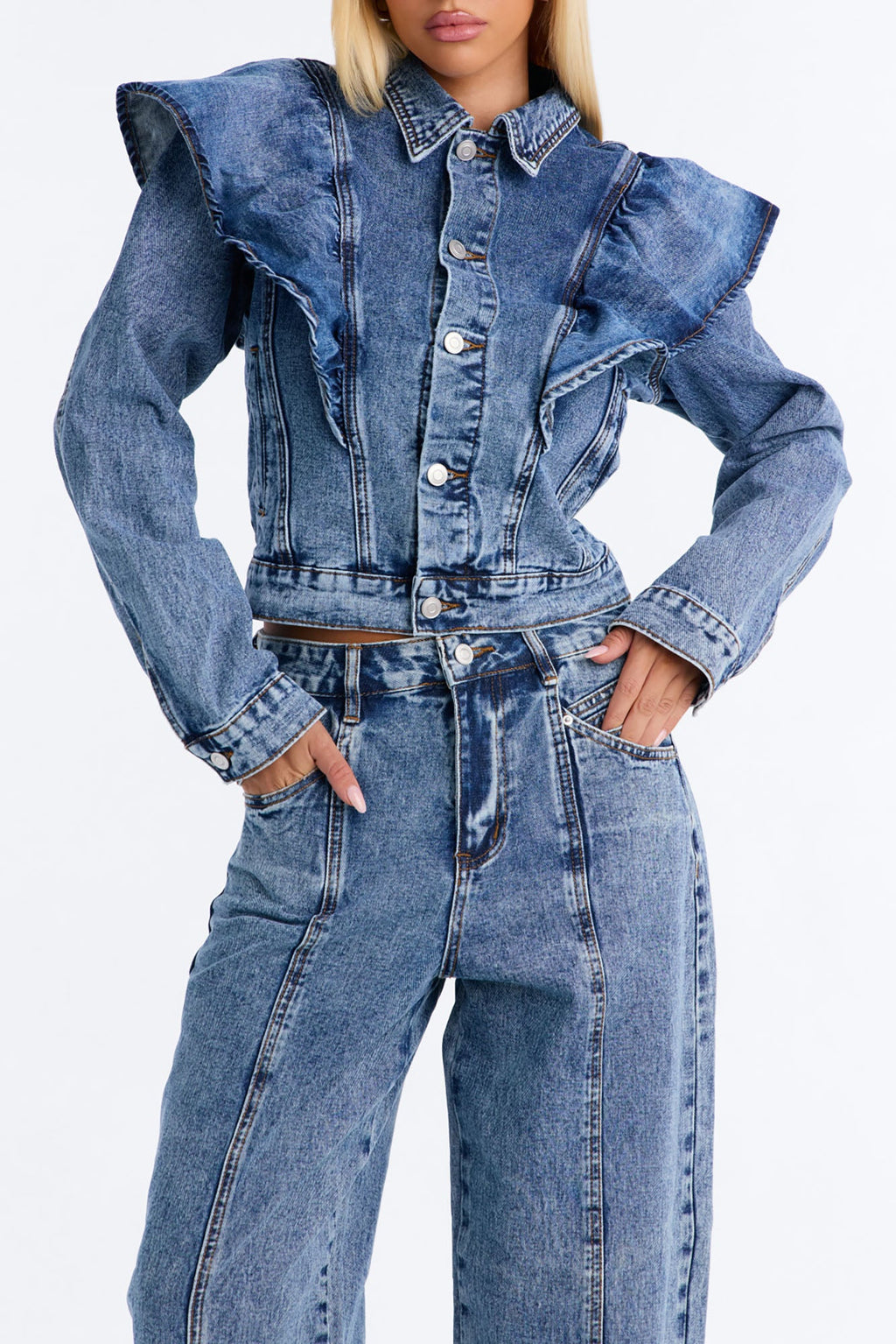Amandine Ruffle Denim Jacket - Dark Wash
