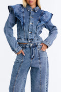 Amandine Ruffle Denim Jacket - Dark Wash