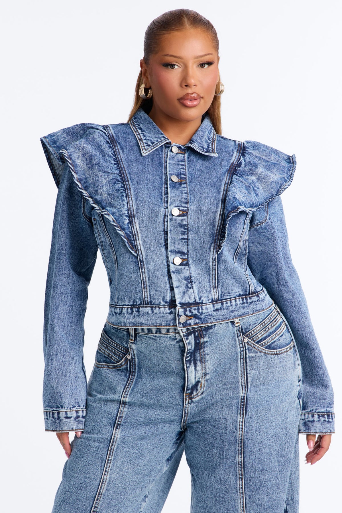 Amandine Ruffle Denim Jacket - Dark Wash