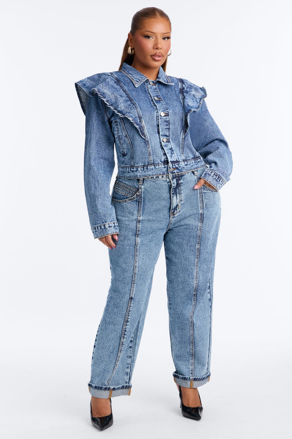Amandine Ruffle Denim Jacket - Dark Wash