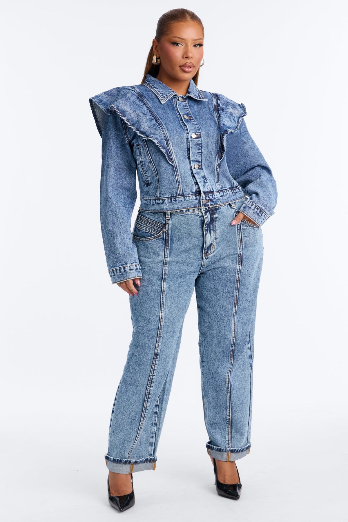 Amandine Ruffle Denim Jacket - Dark Wash