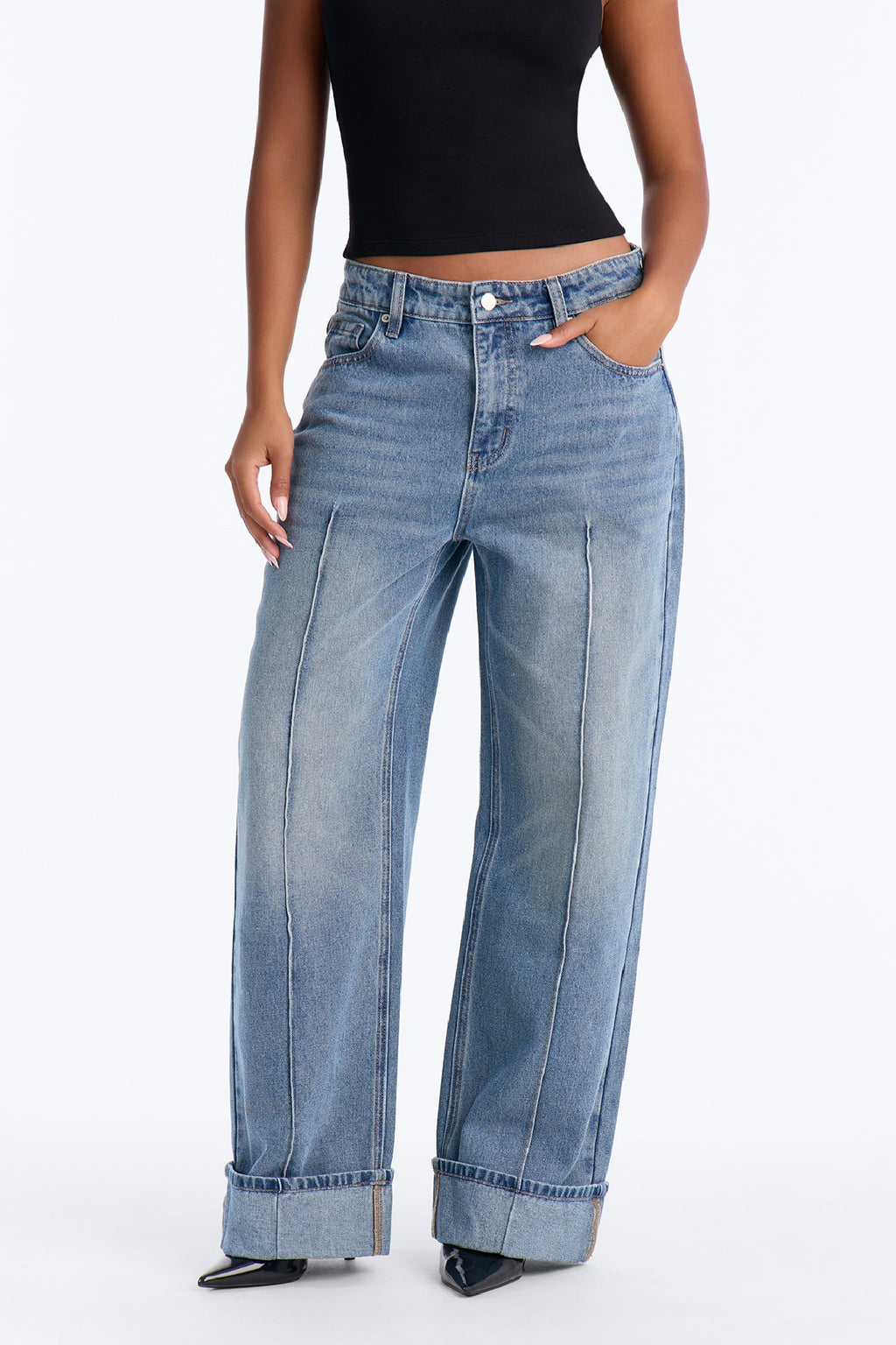 Petite En Route Cuffed Wide Leg Jeans - Medium Wash