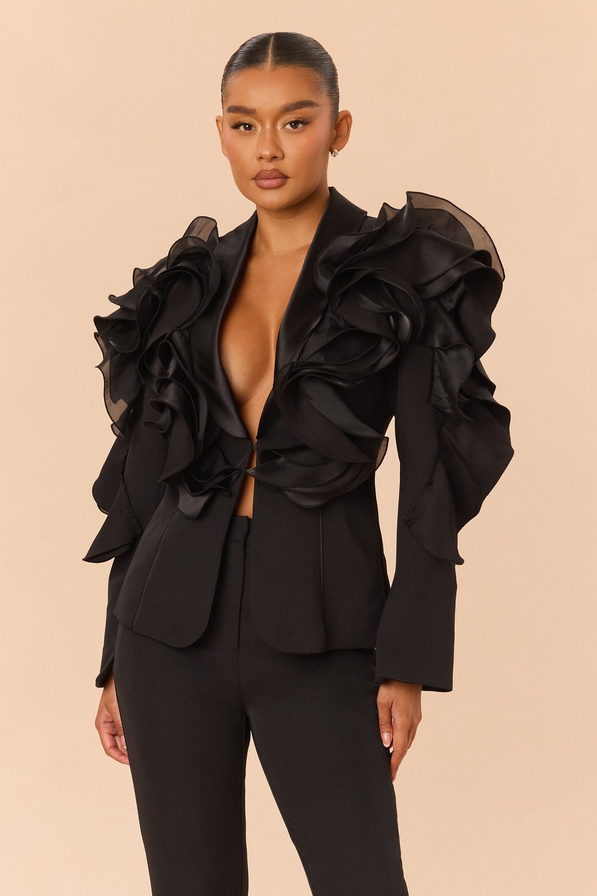 Private Affair Ruffle Blazer Pant Set - Black