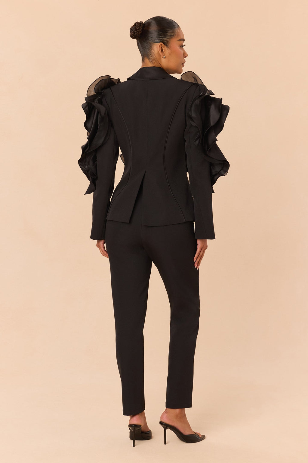 Private Affair Ruffle Blazer Pant Set - Black