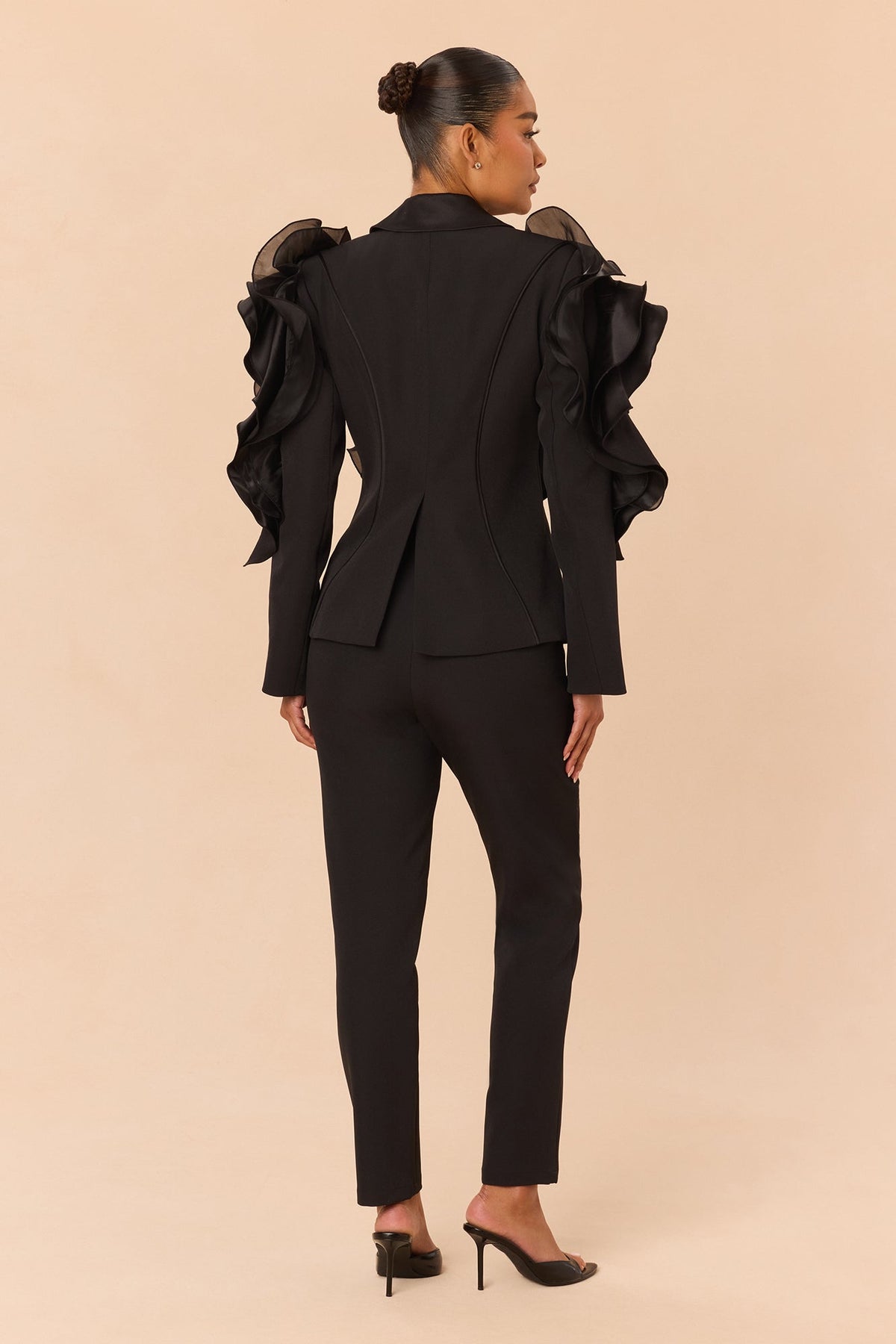 Private Affair Ruffle Blazer Pant Set - Black