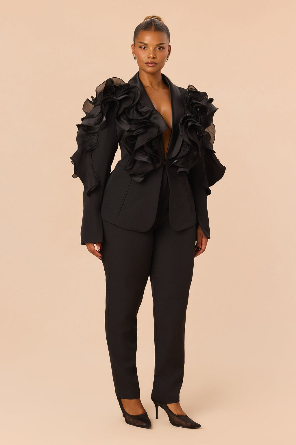 Private Affair Ruffle Blazer Pant Set - Black