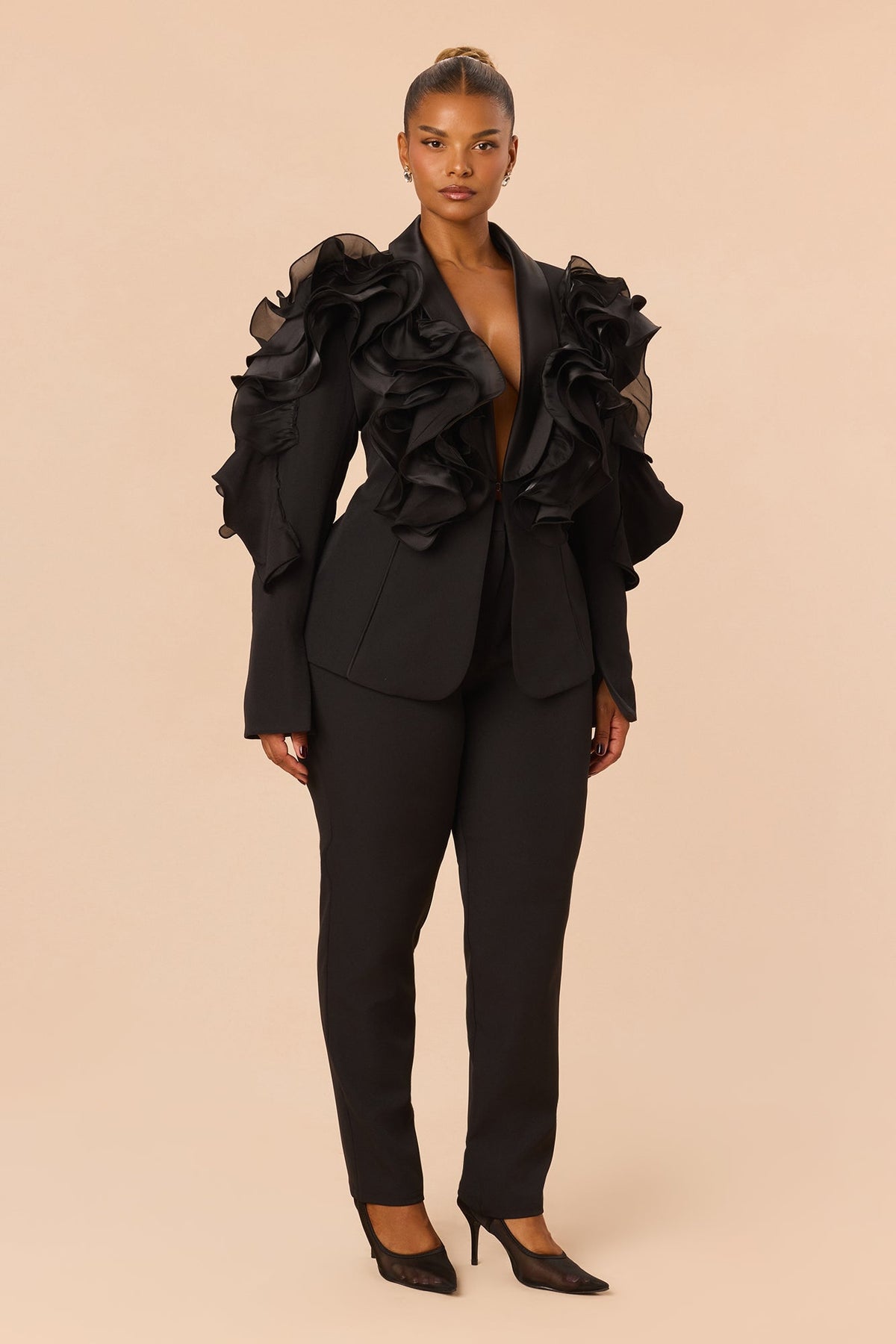 Private Affair Ruffle Blazer Pant Set - Black