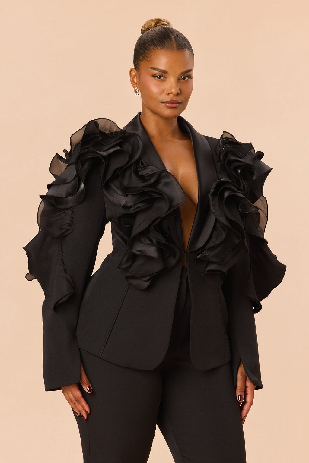 Private Affair Ruffle Blazer Pant Set - Black
