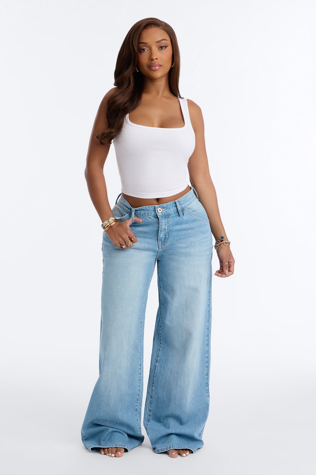 Cairo Mid Waist Low Stretch Wide Leg Jeans - Light Wash