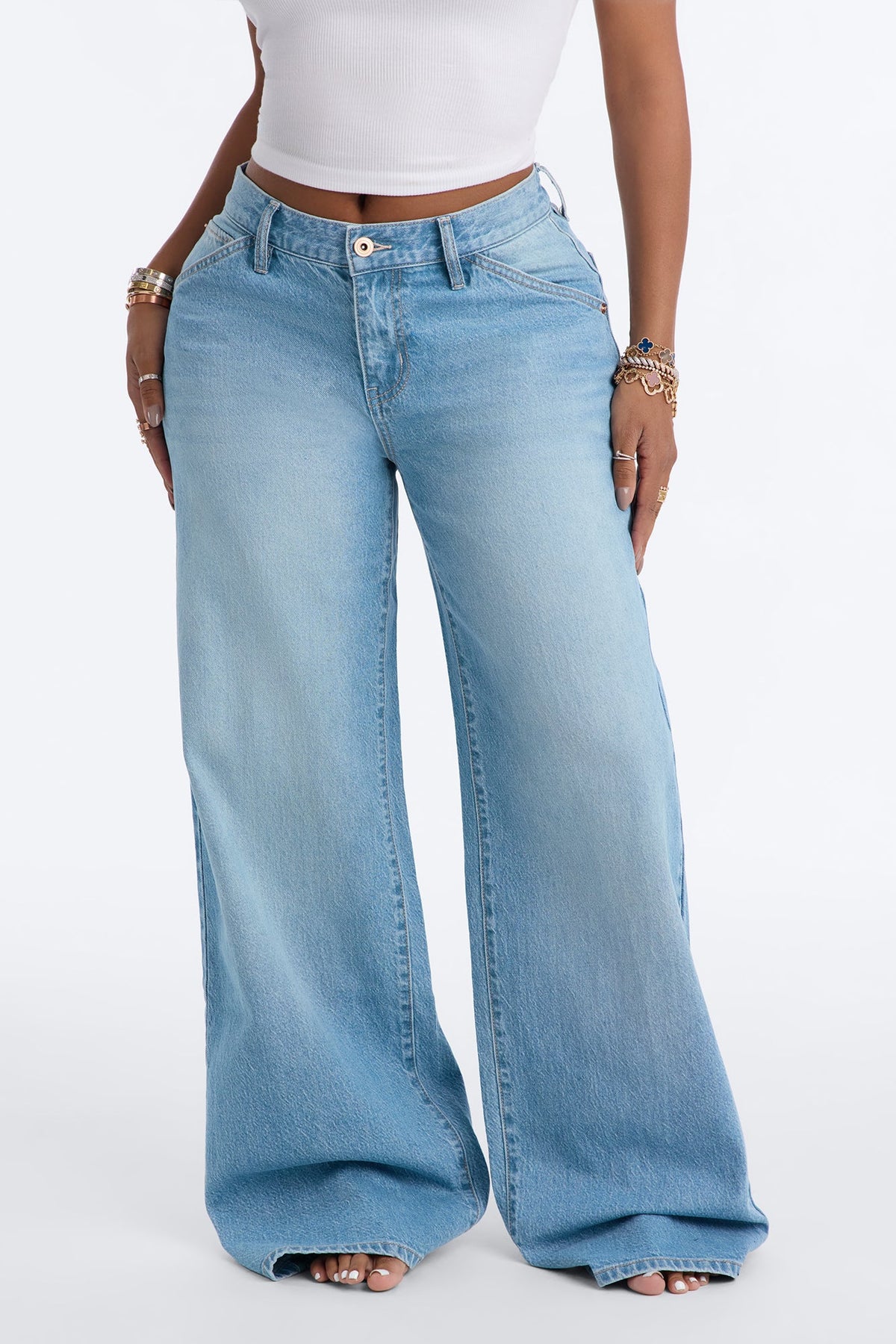 Cairo Mid Waist Low Stretch Wide Leg Jeans - Light Wash