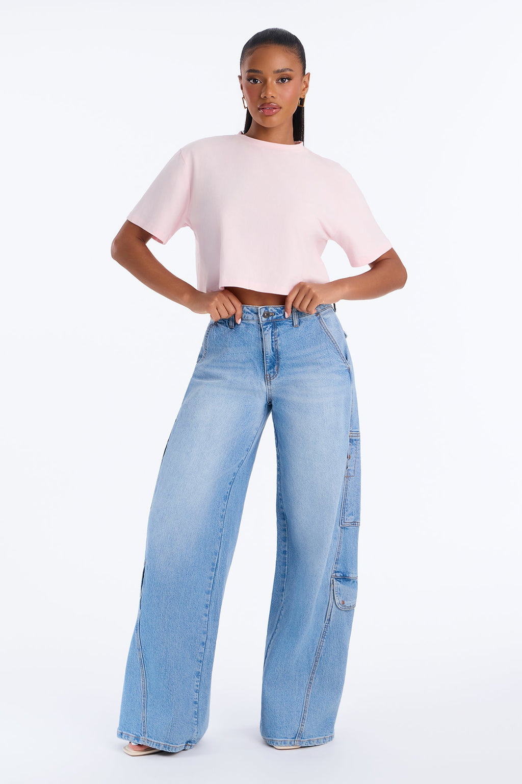 Mott Street Cargo Wide Leg Jeans - Light Wash