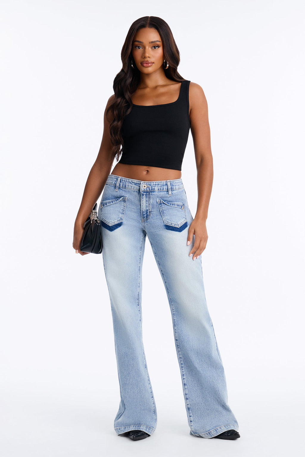 Lie To Me Low Rise Shadow Pocket Stretch Flare Jeans - Light Wash