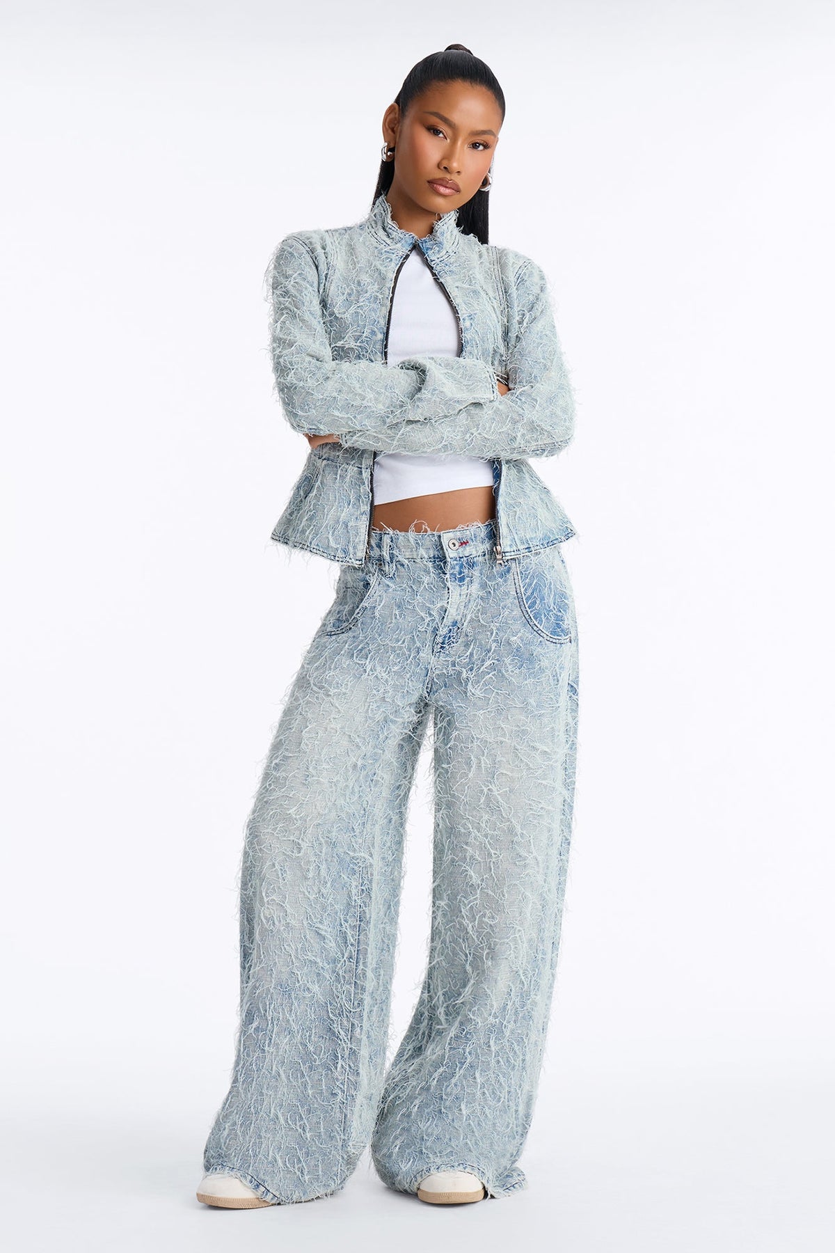 Fiammetta Textured Baggy Wide Leg Jeans - Light Blue Wash