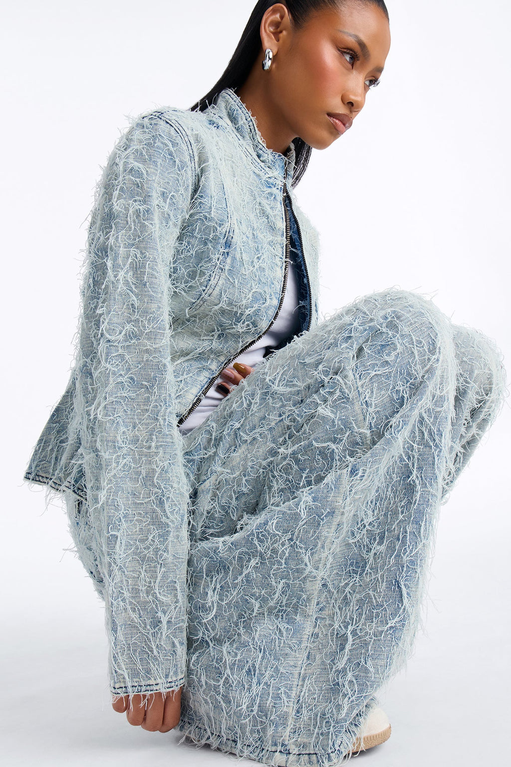 Fiammetta Textured Baggy Wide Leg Jeans - Light Blue Wash