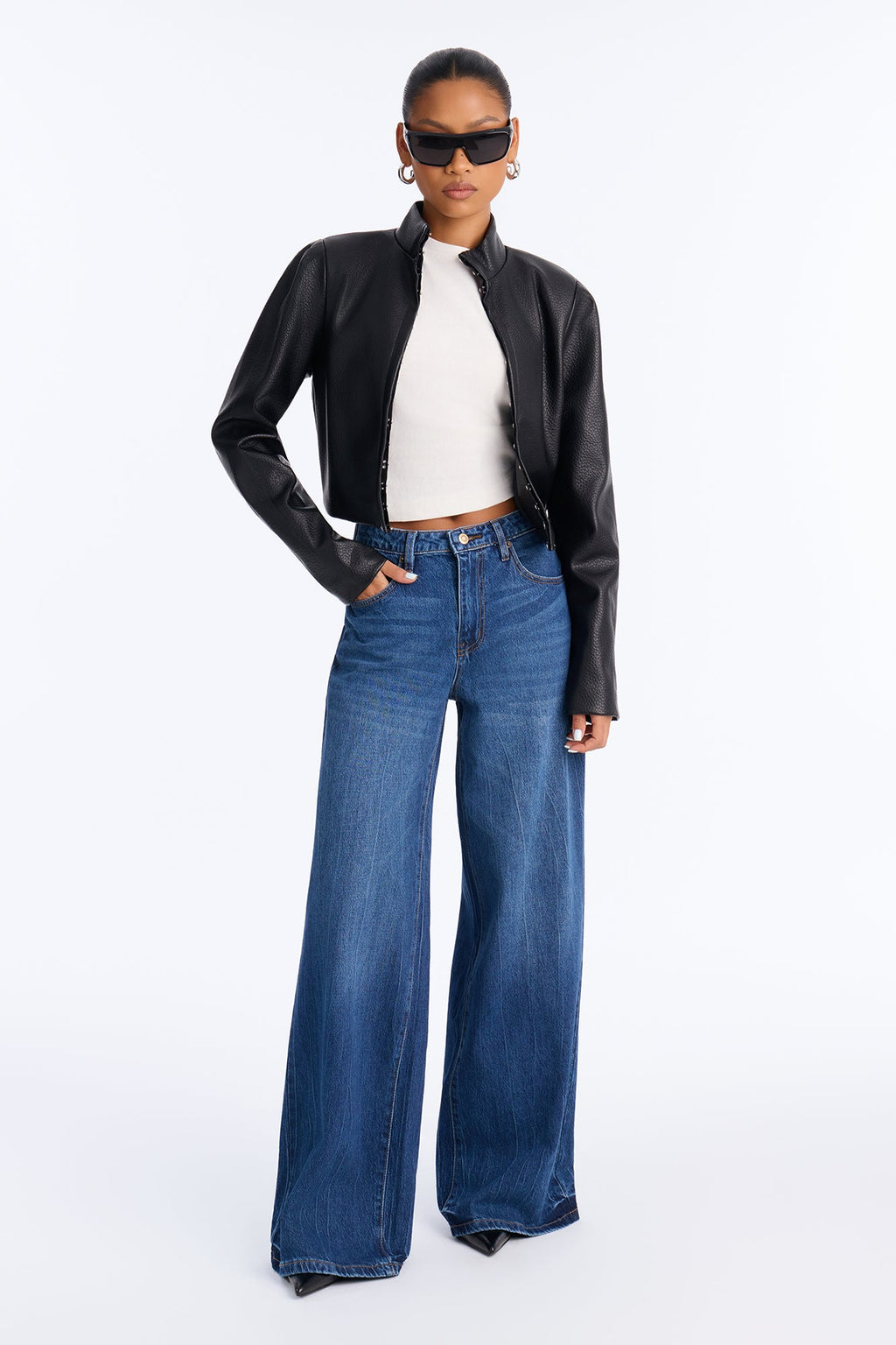 Vicente Waist Adjuster Low Stretch Wide Leg Jeans - Dark Wash