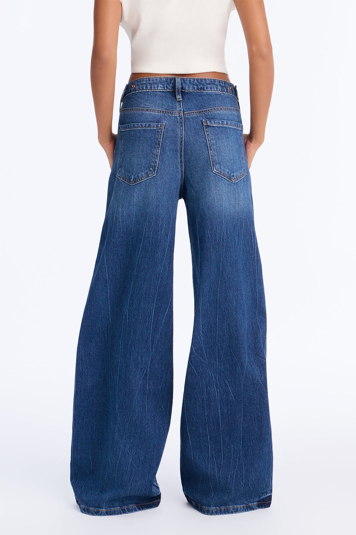Vicente Waist Adjuster Low Stretch Wide Leg Jeans - Dark Wash