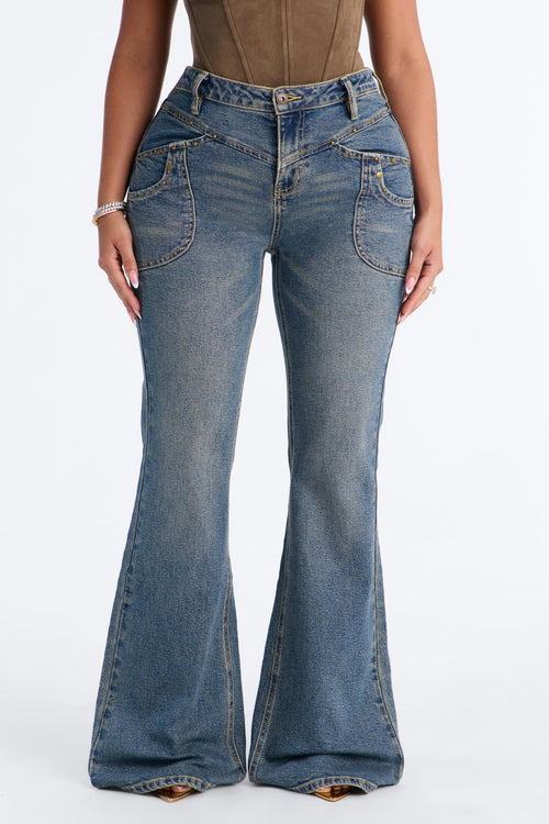 Alabama Baby Stud Embellished Flare Jeans - Medium Wash