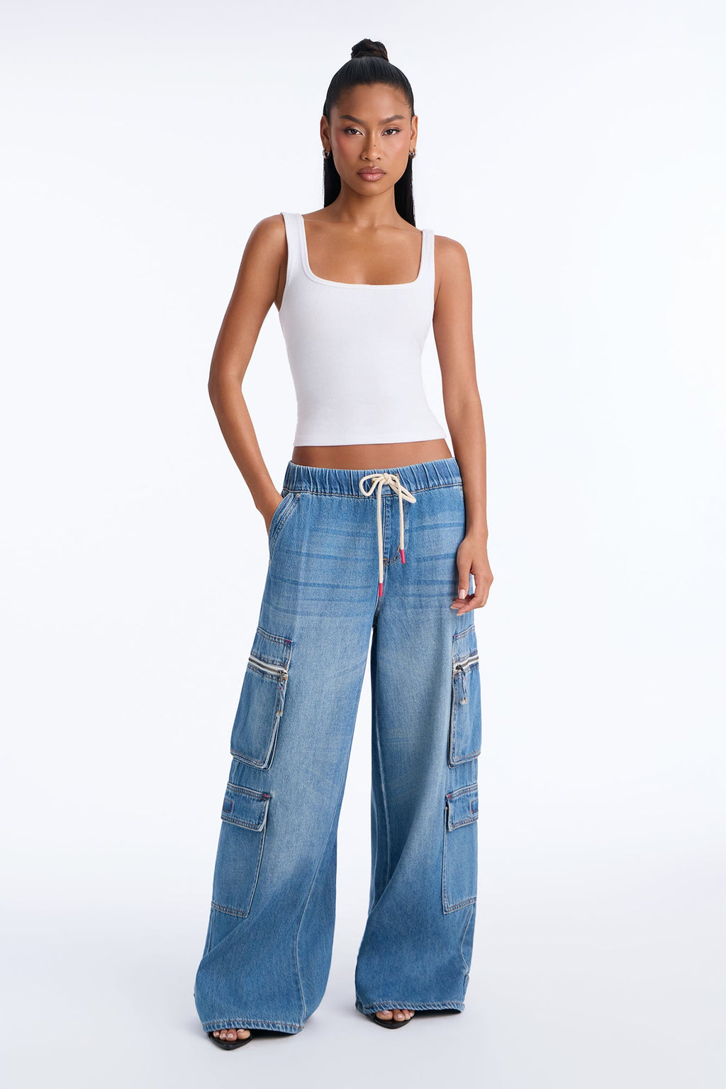 Sydney Pull On Tie Waist Wide Leg Cargo Jeans - Medium Wash