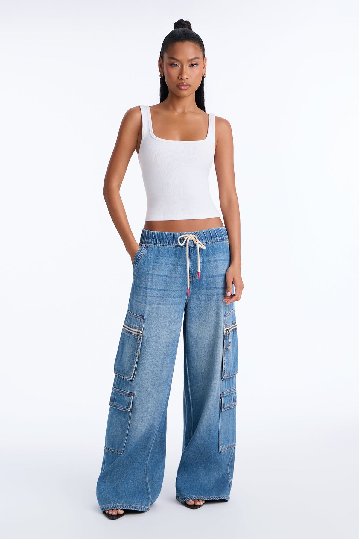 Sydney Pull On Tie Waist Wide Leg Cargo Jeans - Medium Wash