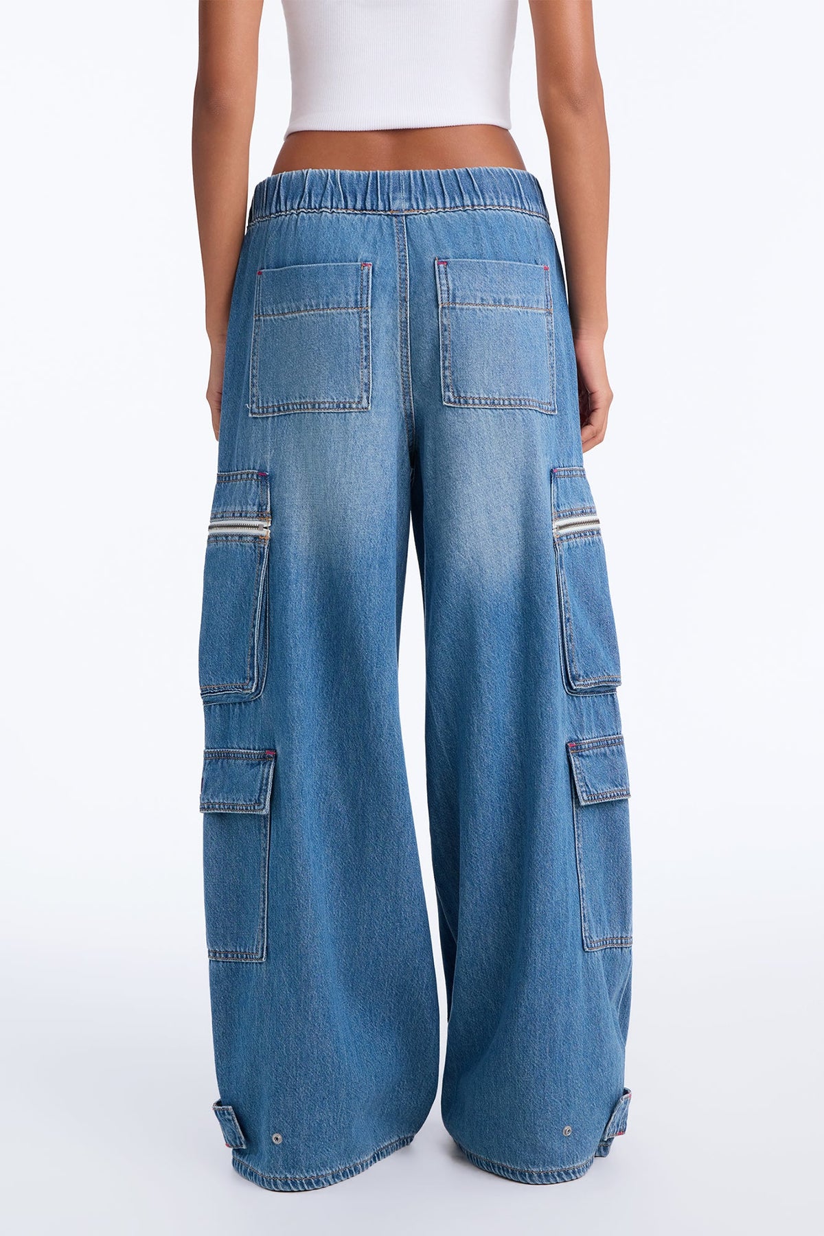 Sydney Pull On Tie Waist Wide Leg Cargo Jeans - Medium Wash