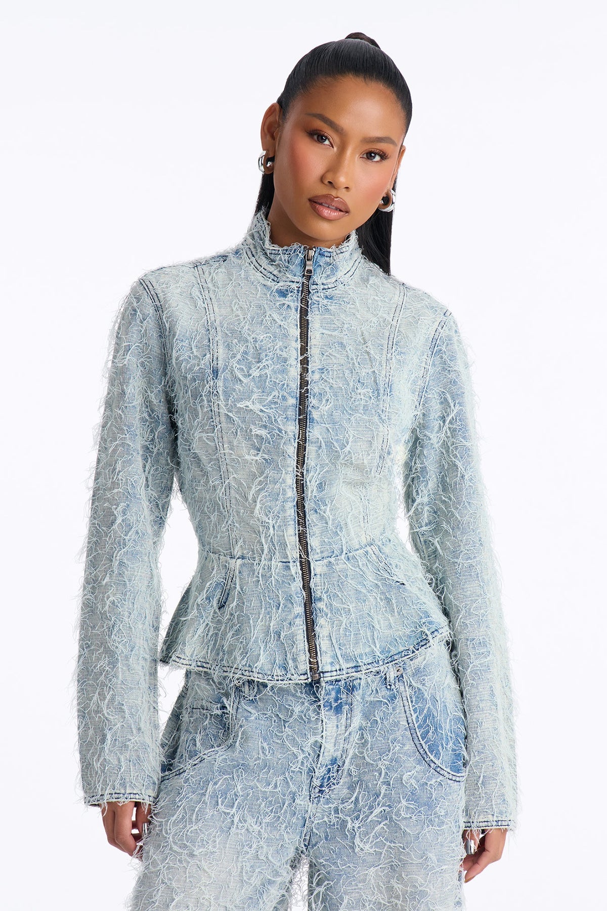 Fiammetta Textured Zip Up Denim Jacket - Light Wash