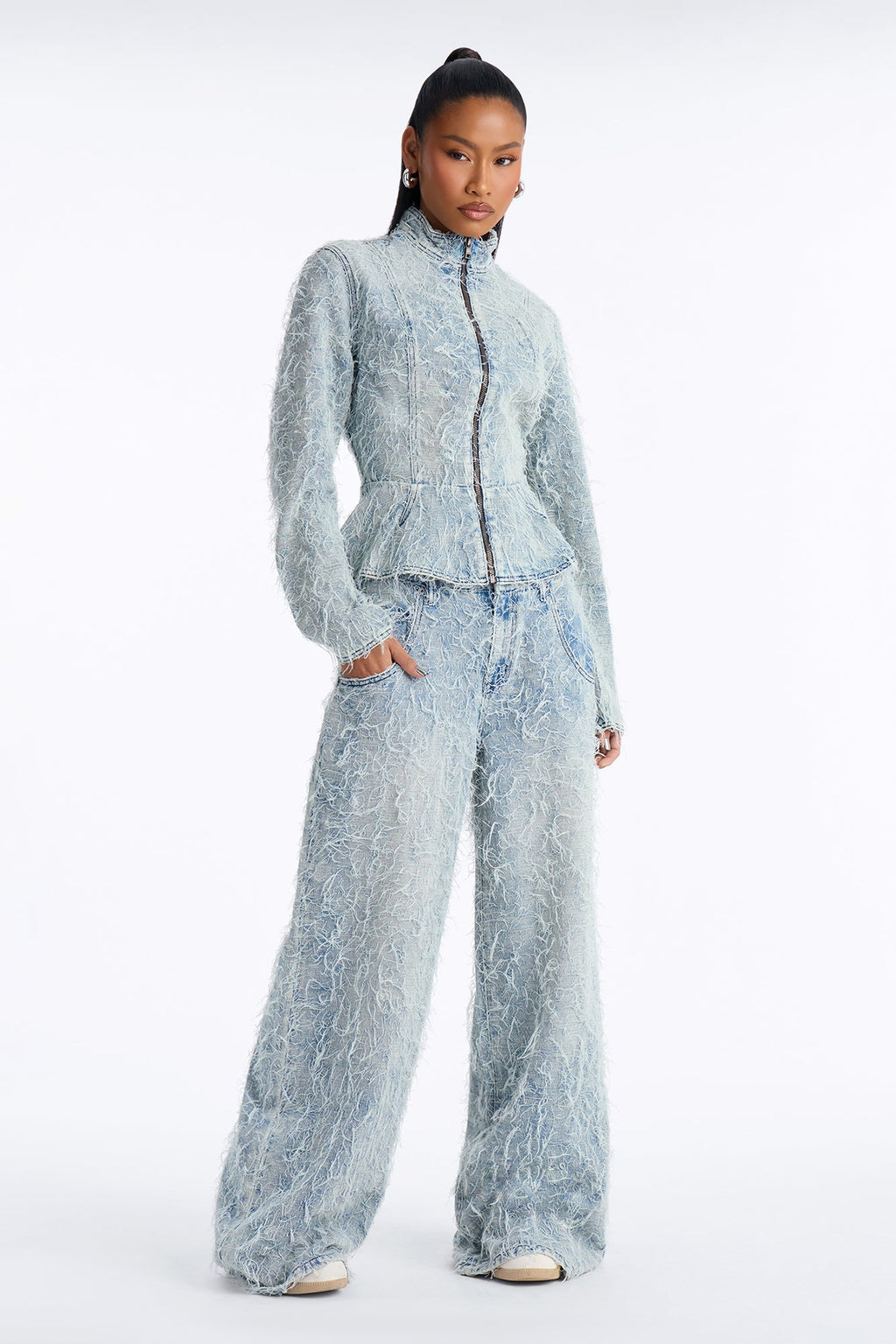 Fiammetta Textured Zip Up Denim Jacket - Light Wash