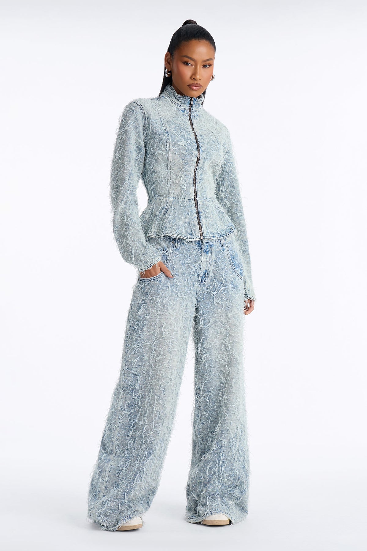 Fiammetta Textured Zip Up Denim Jacket - Light Wash