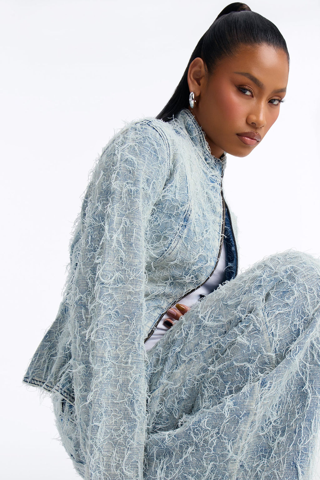 Fiammetta Textured Zip Up Denim Jacket - Light Wash