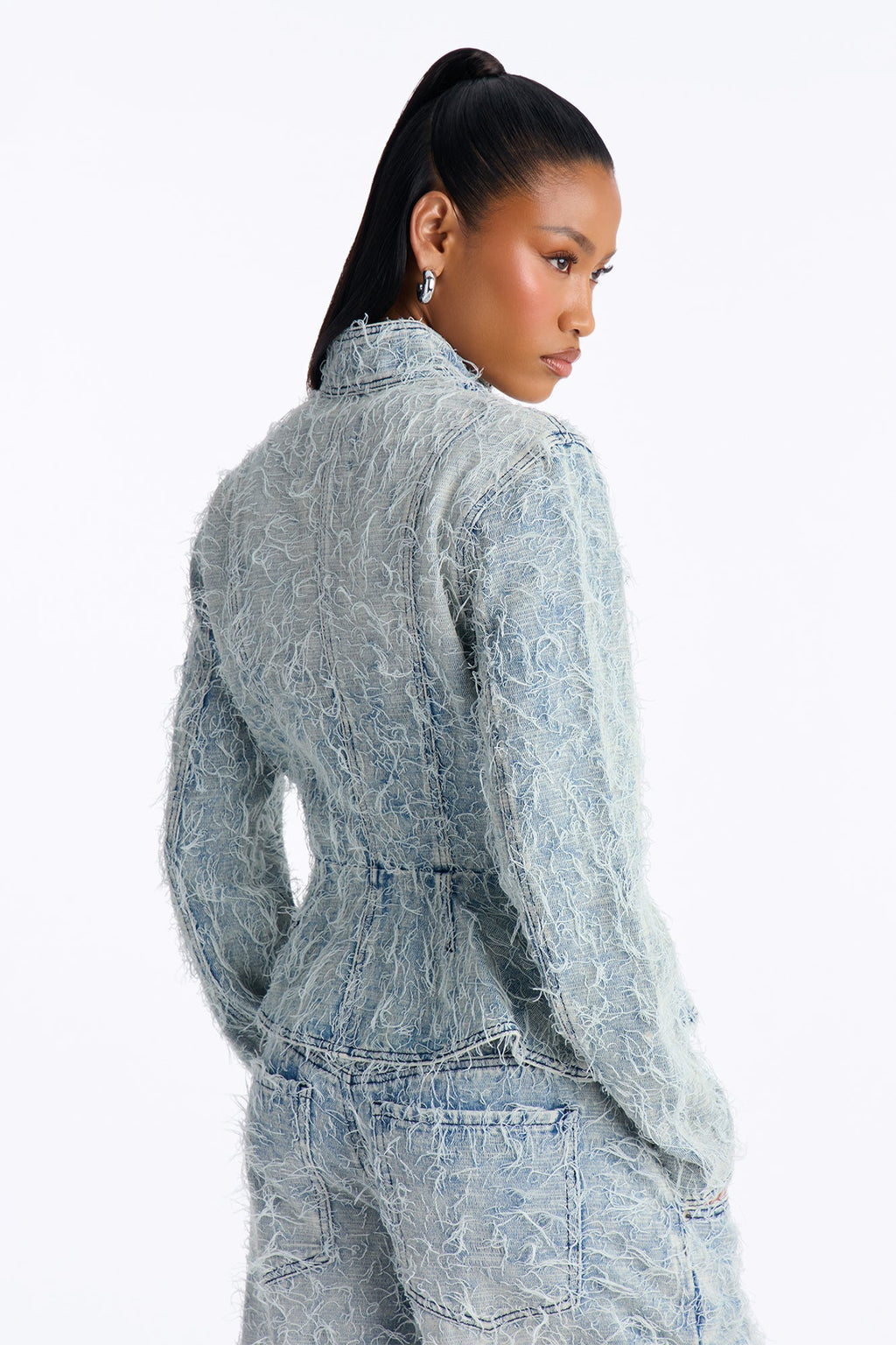 Fiammetta Textured Zip Up Denim Jacket - Light Wash