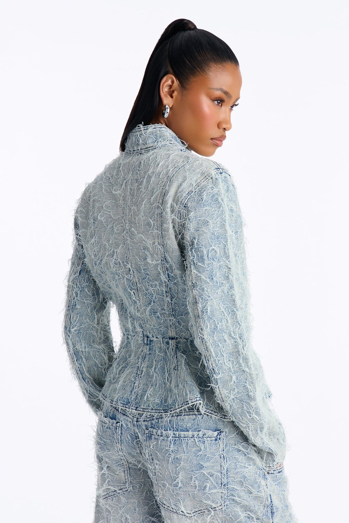 Fiammetta Textured Zip Up Denim Jacket - Light Wash