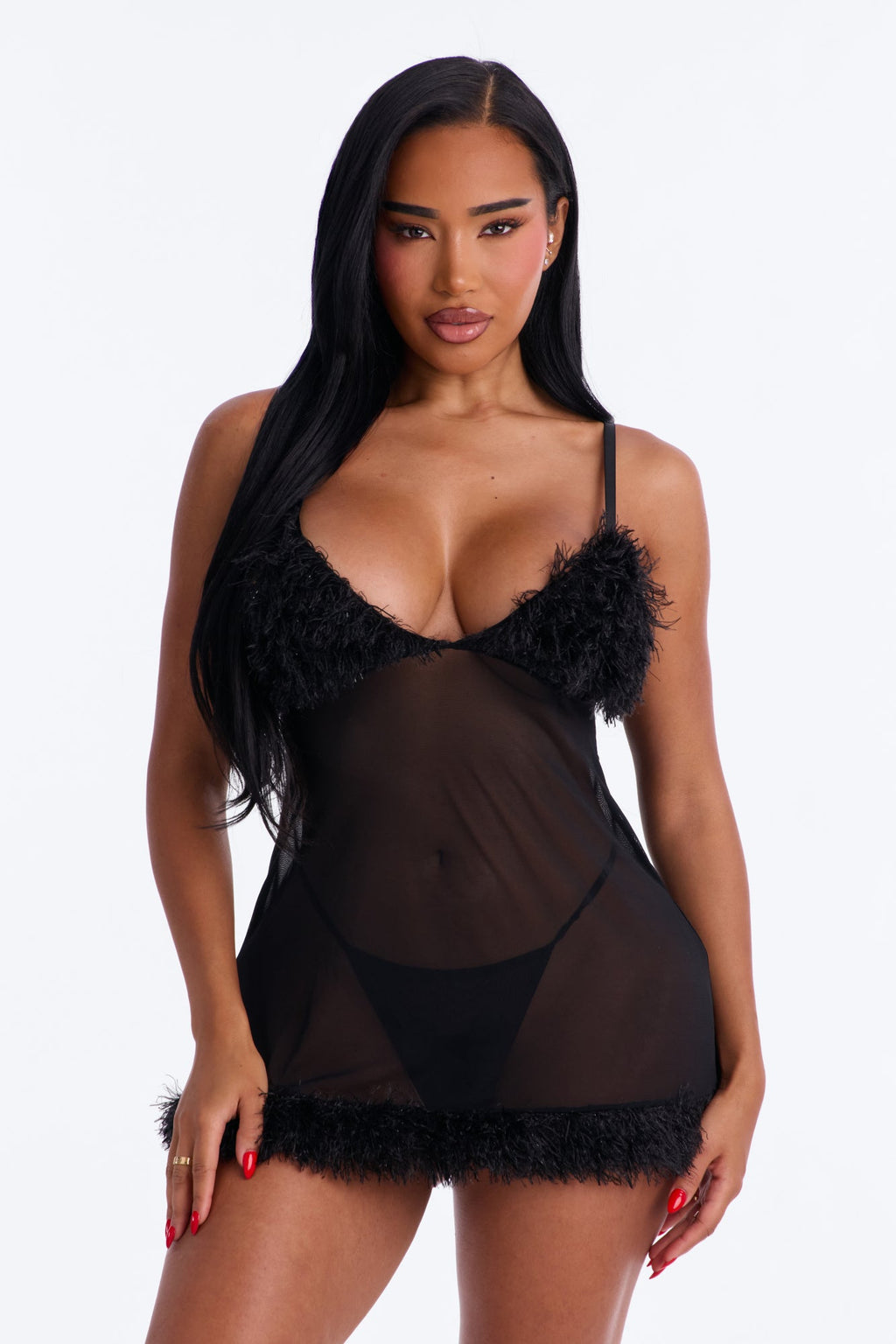 Midnight Feather Kiss Babydoll Short Robe 3 Piece Set - Black