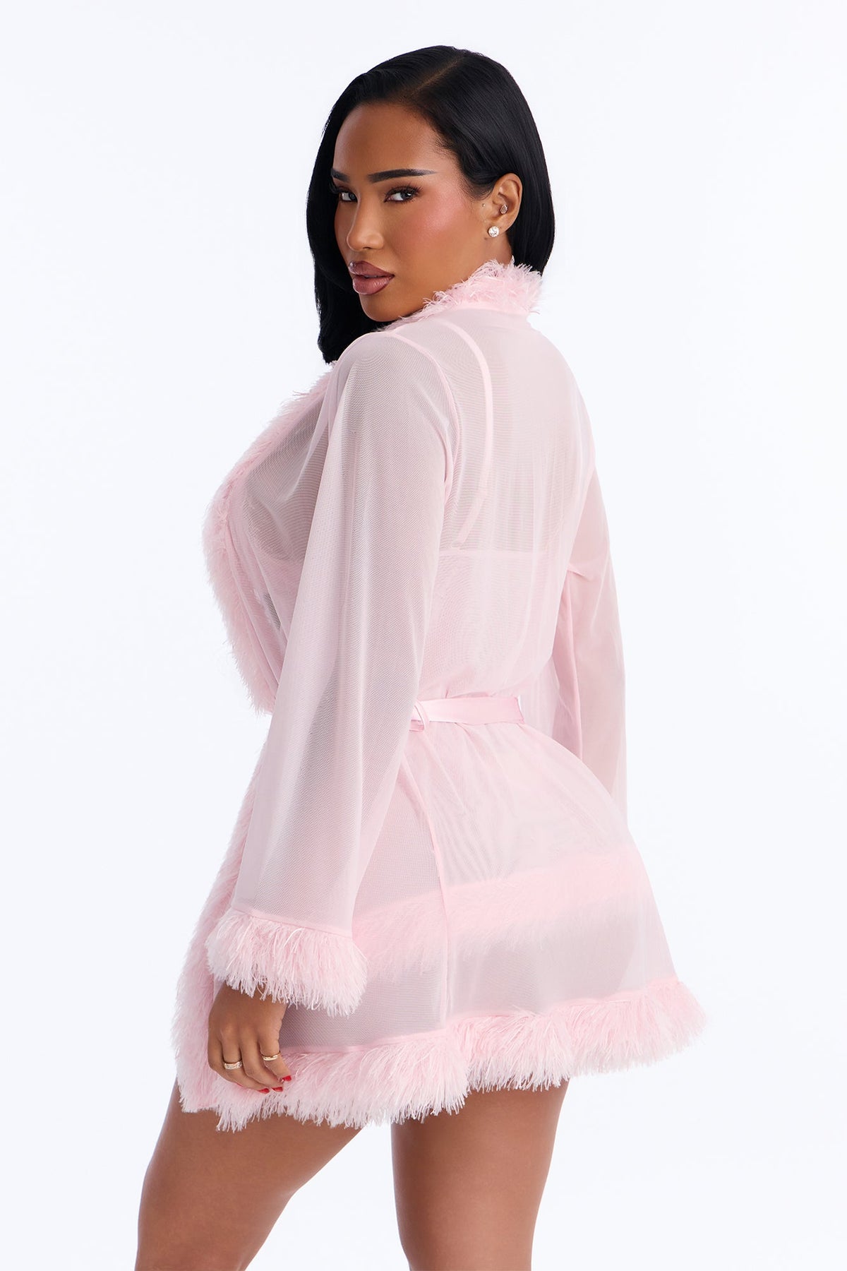 Midnight Feather Kiss Babydoll Short Robe 3 Piece Set - Light Pink