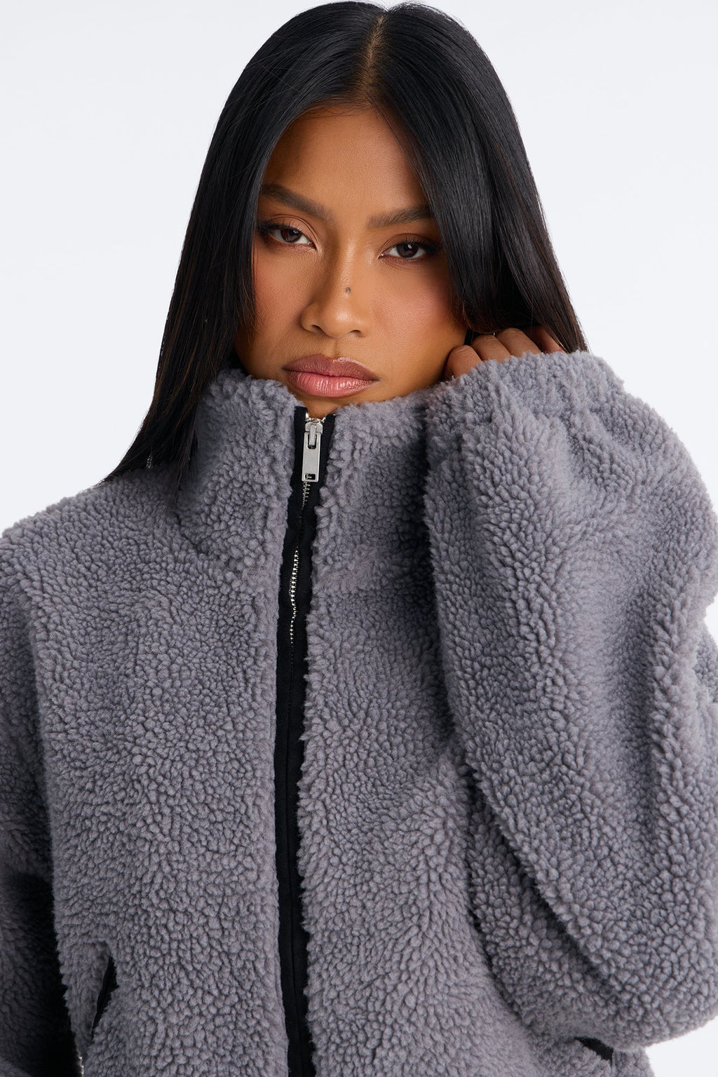 Cozy Cove Faux Sherpa Coat - Grey/combo
