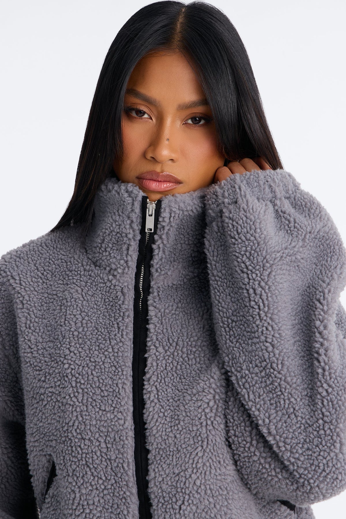 Cozy Cove Faux Sherpa Coat - Grey/combo