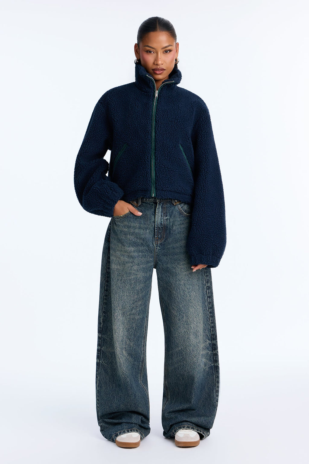 Cozy Cove Faux Sherpa Coat - Navy/combo