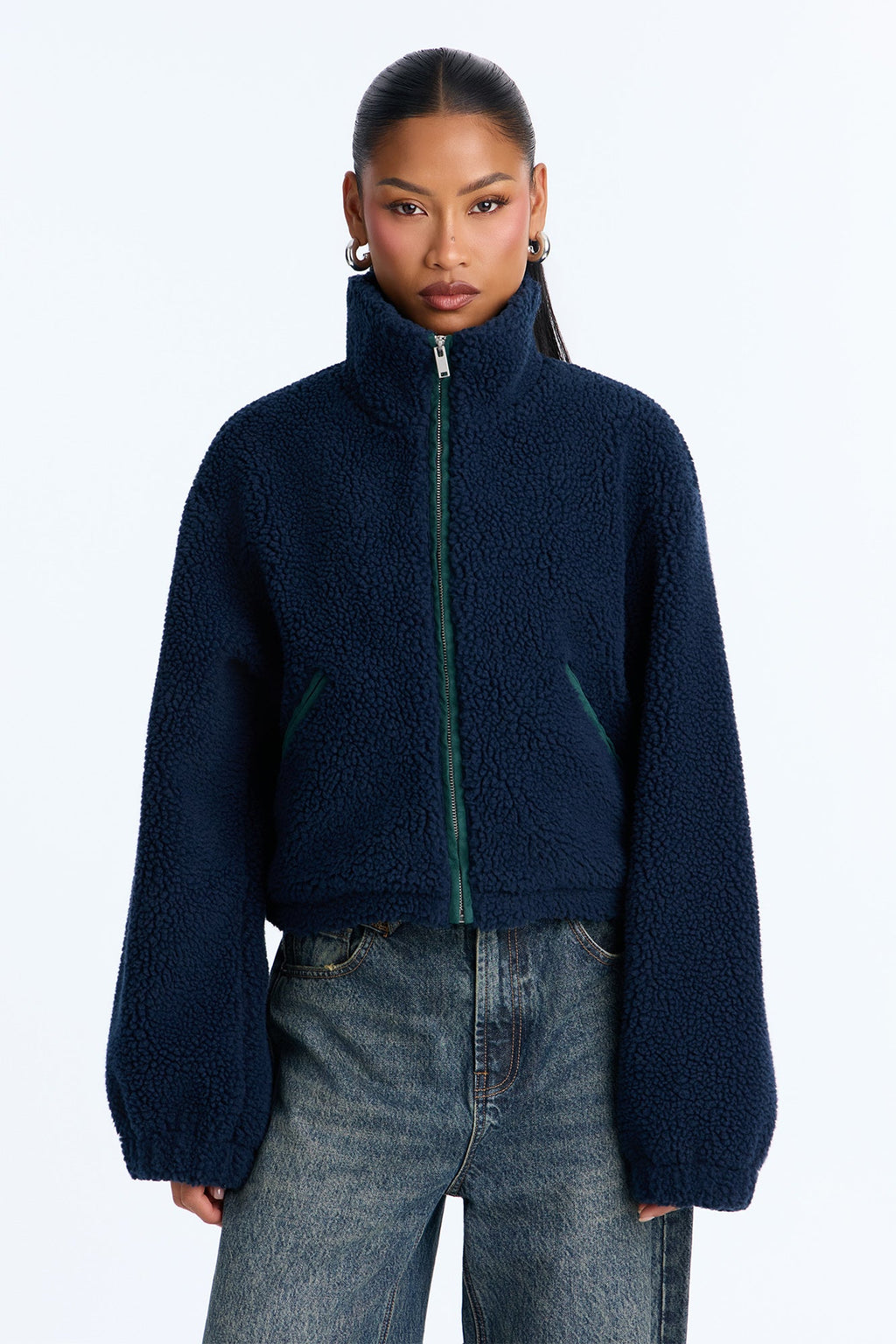 Cozy Cove Faux Sherpa Coat - Navy/combo