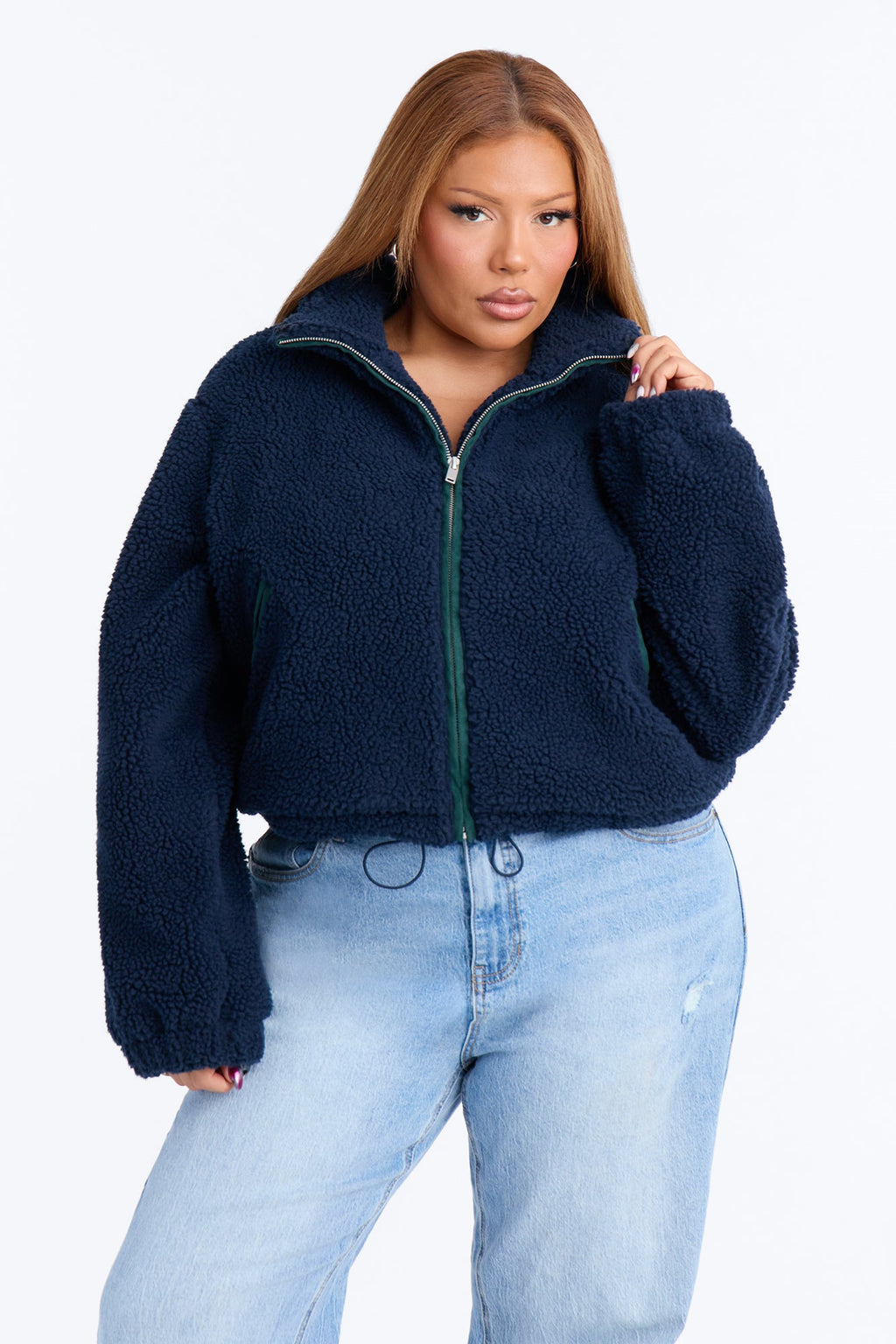 Cozy Cove Faux Sherpa Coat - Navy/combo