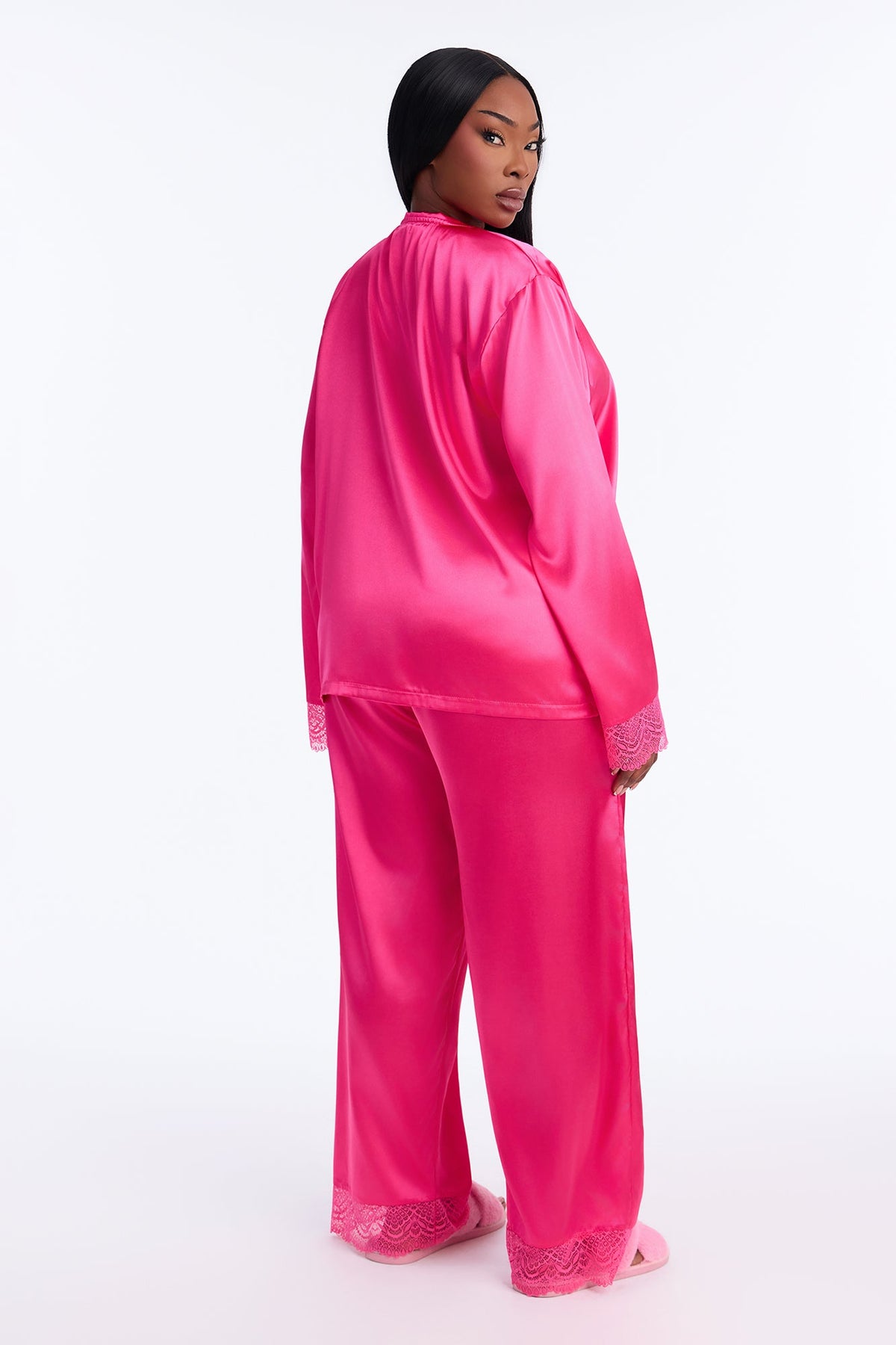Getting Sleepy Satin Lace Trim Long Sleeve PJ Pant Set - Hot Pink