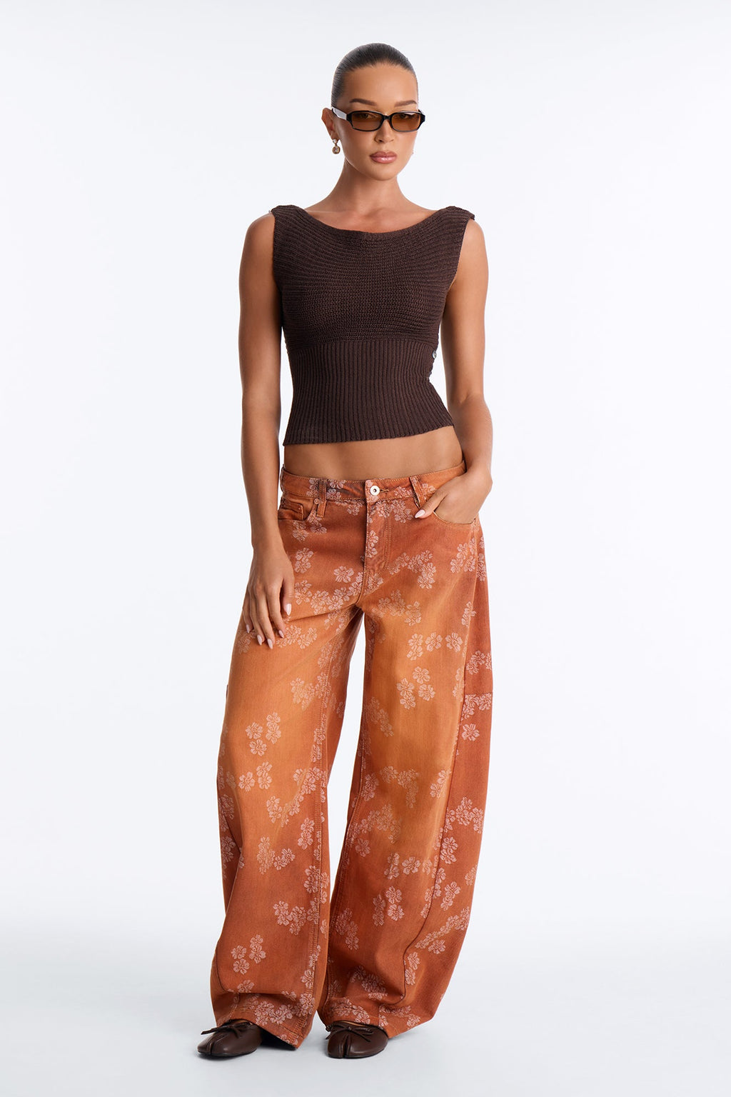 Antoinette Jacquard Pattern Baggy Jeans - Rust