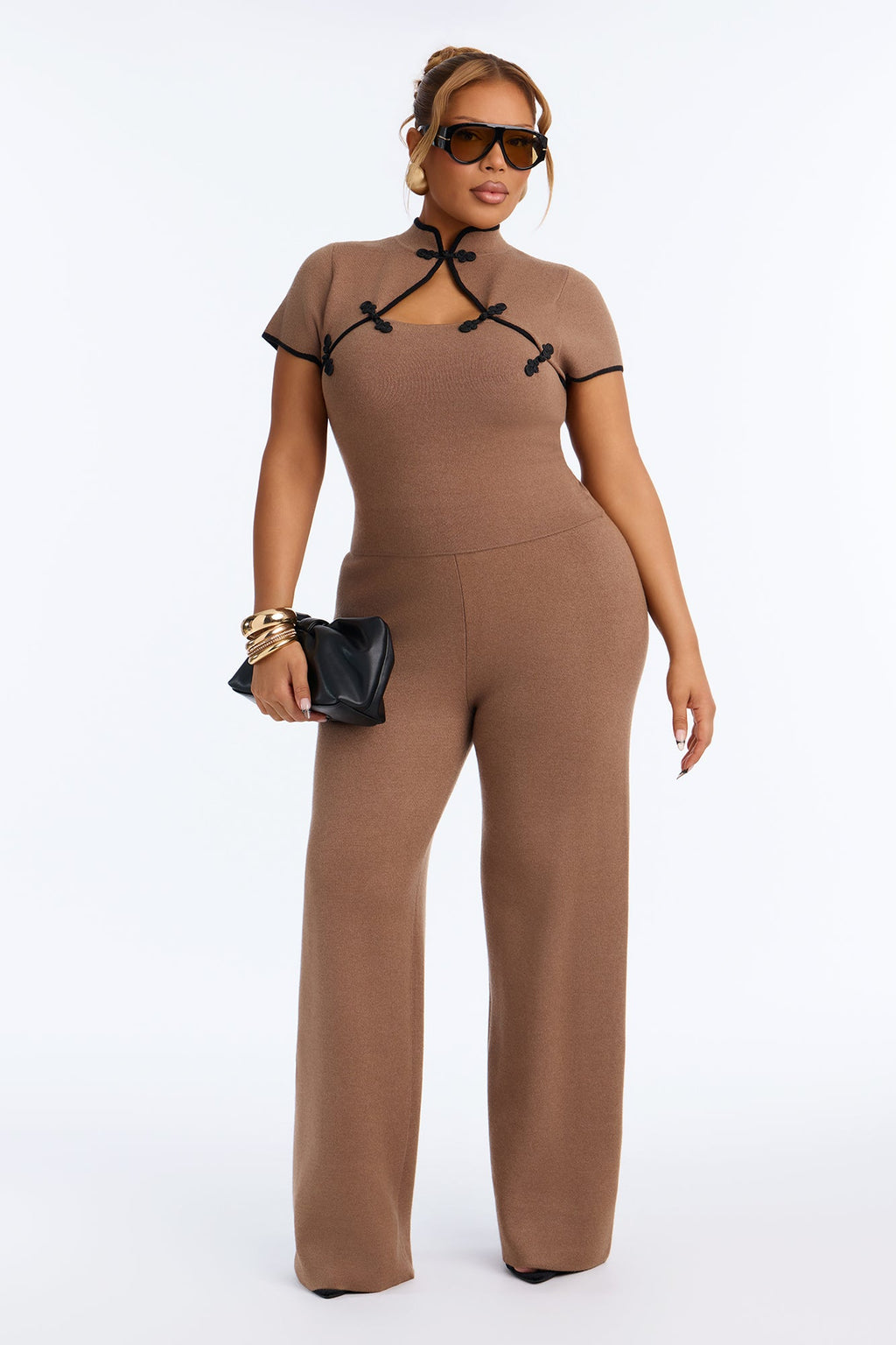 Zaria Front Clasp Sweater Pant Set - Mocha