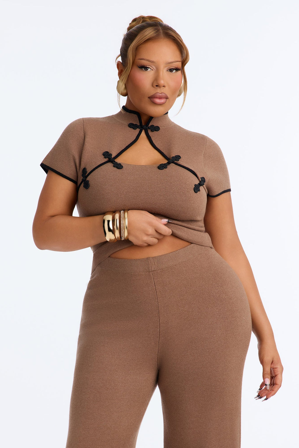 Zaria Front Clasp Sweater Pant Set - Mocha